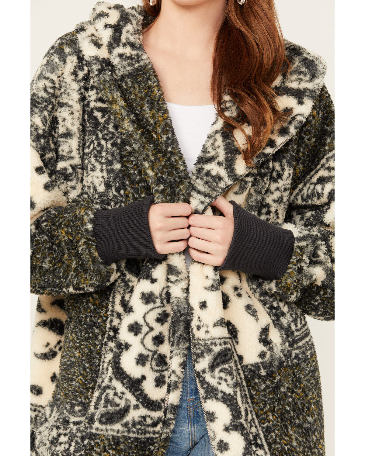 Mystree Women's Paisley Print Fur Hooded Jacket