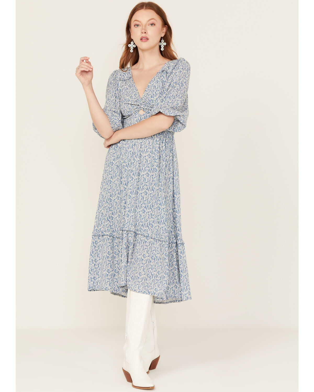 Wild Moss Women's Printed Front Twist Midi Dress