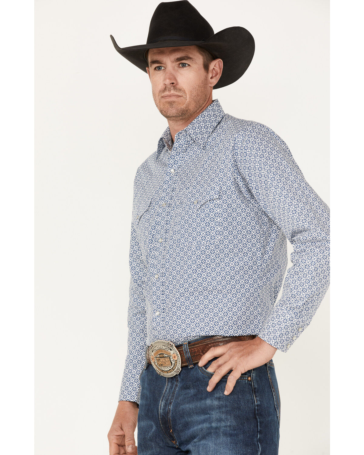 Ely Walker Men's Geo Print Long Sleeve Pearl Snap Western Shirt