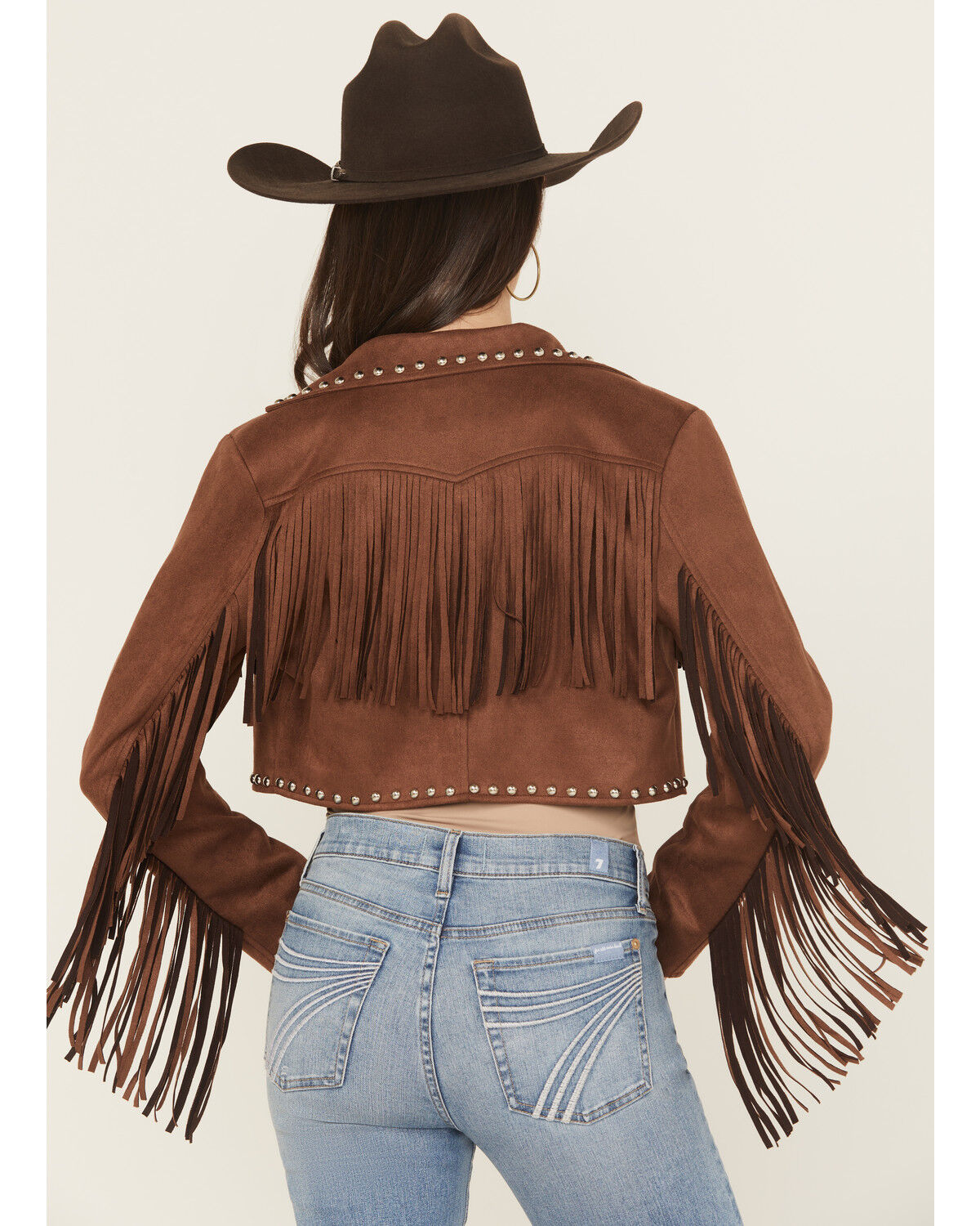Saints & Hearts Women's Faux Suede Studded Fringe Cropped Jacket