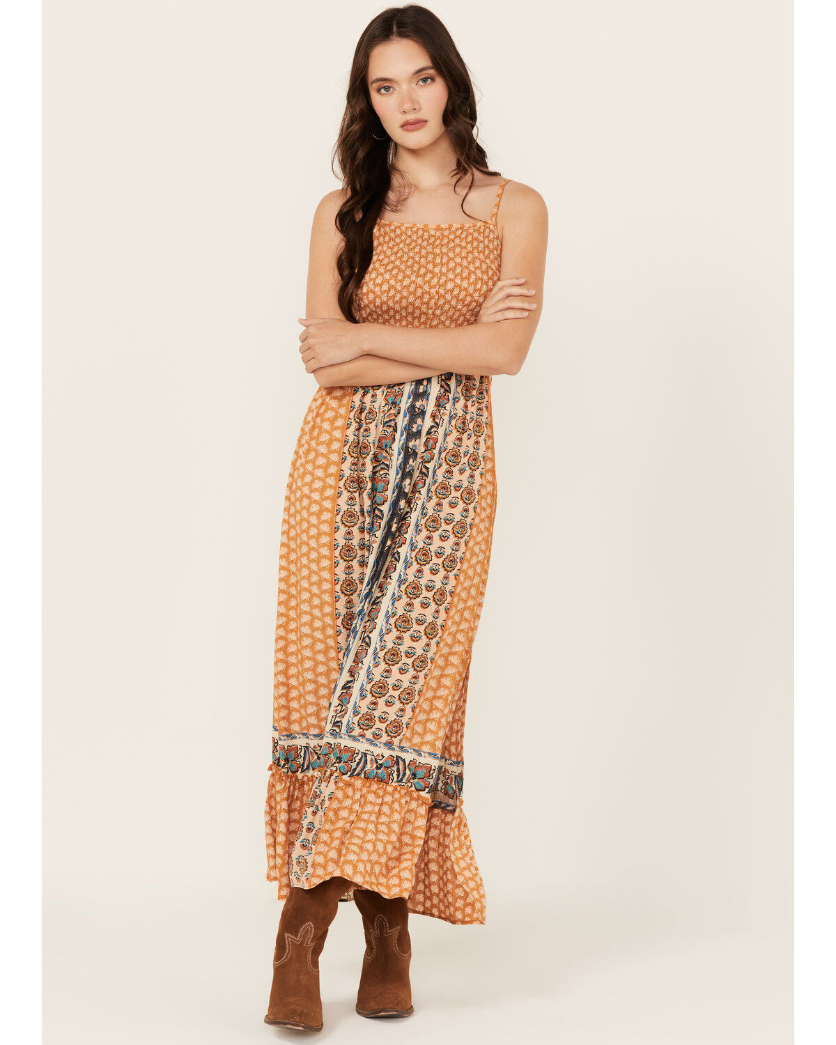 Angie Women's Border Print Smocked Midi Dress