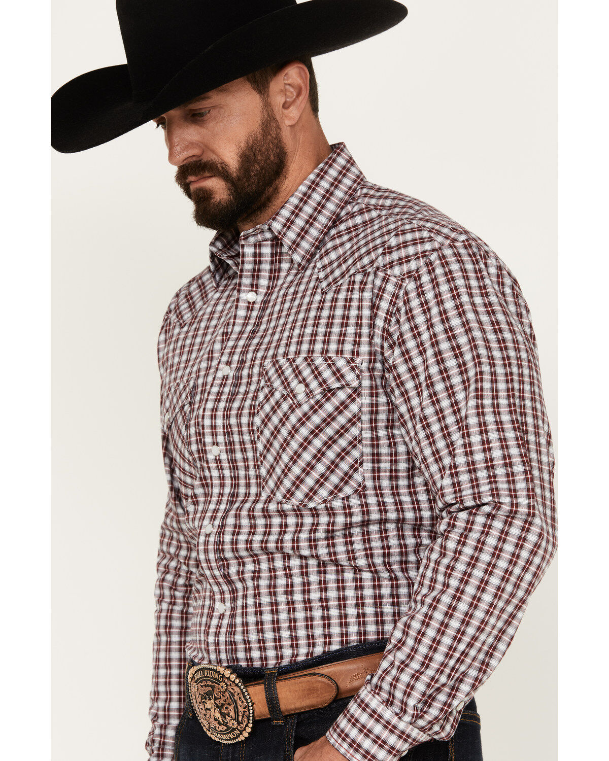 Rough Stock by Panhandle Men's Dobby Plaid Print Long Sleeve Pearl Snap Western Shirt
