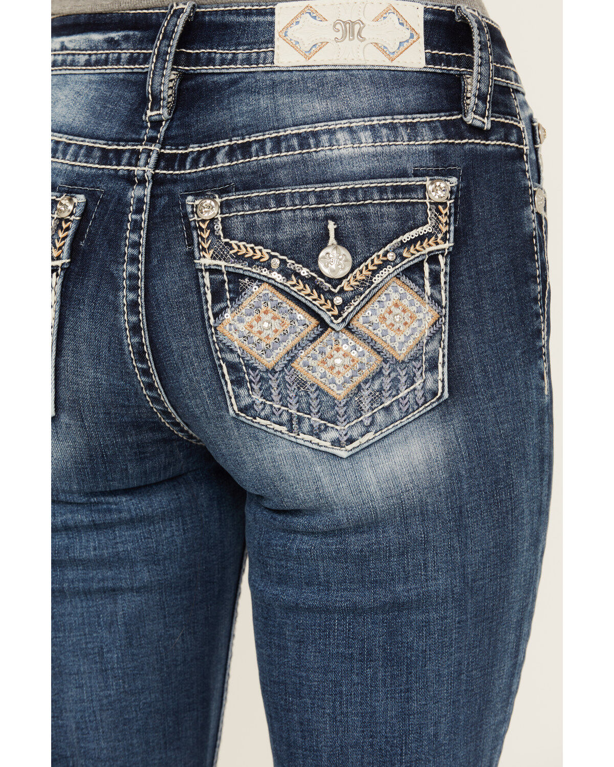 Miss Me Women's Dark Wash Mid Rise Diamond Geo Pocket Stretch Bootcut Jeans