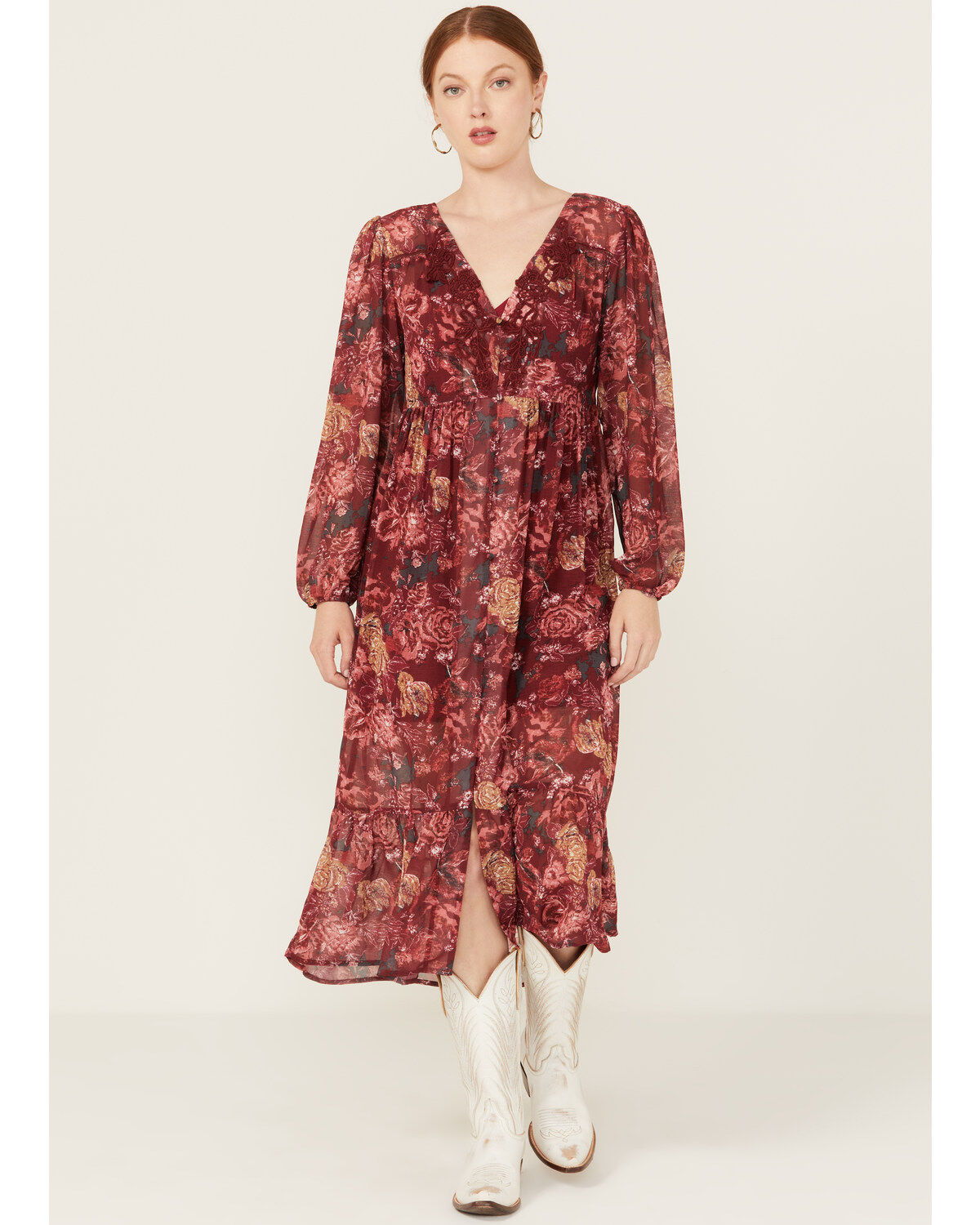 Beyond The Radar Women's Floral Print Crochet Trim Midi Dress