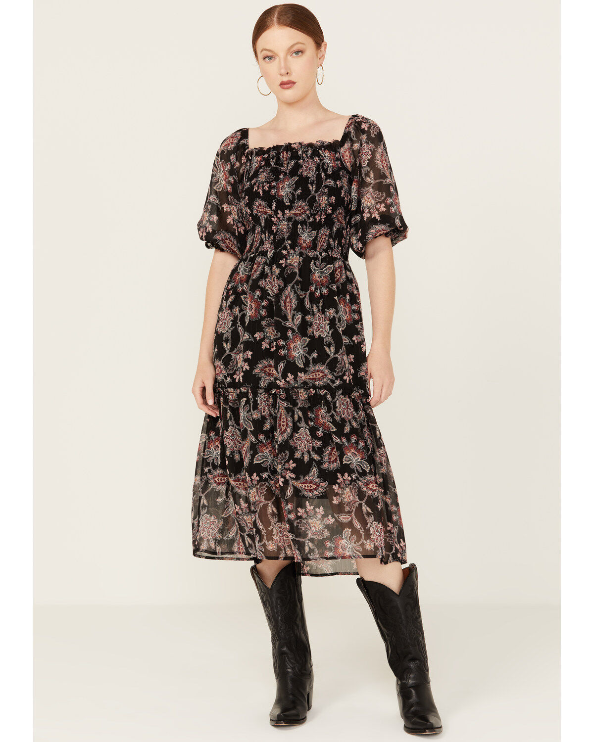 Wild Moss Women's Floral Pais Short Sleeve Smocked Midi Dress