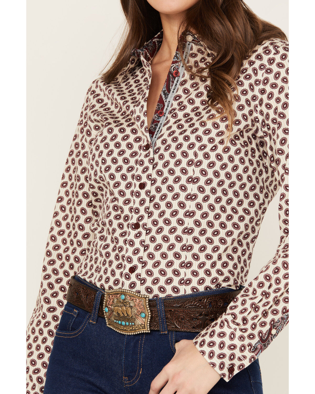 Cinch Women's Medallion Striped Long Sleeve Button-Down Western Shirt