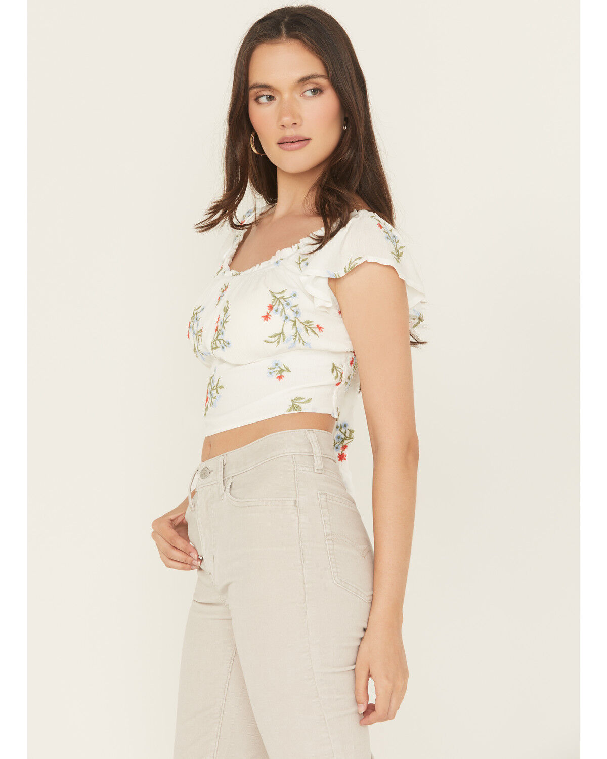 Wild Moss Women's Floral Embroidered Short Sleeve Cropped Shirt