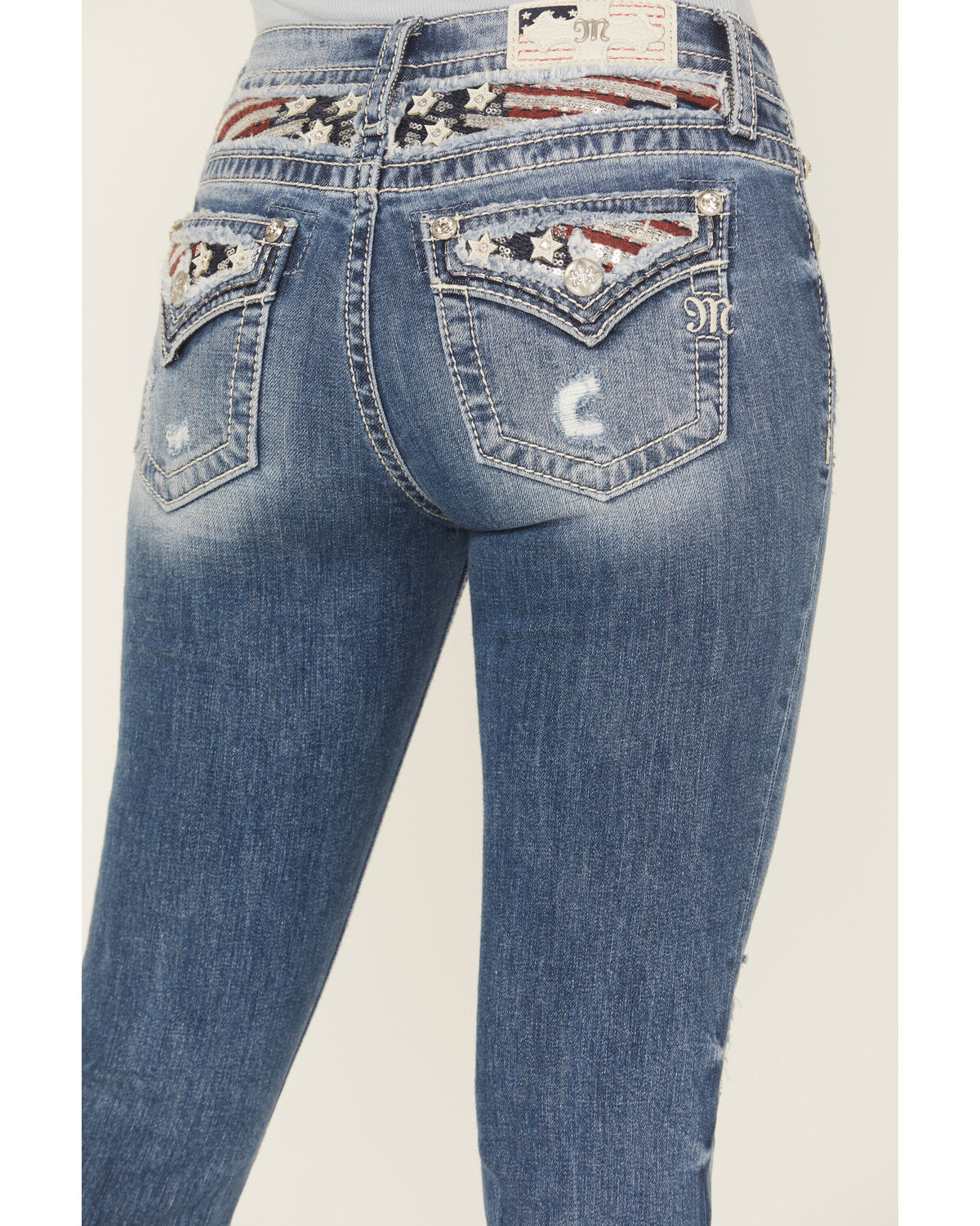 Miss Me Women's Medium Wash Mid Rise Americana Blowout Bootcut Stretch Denim Jeans