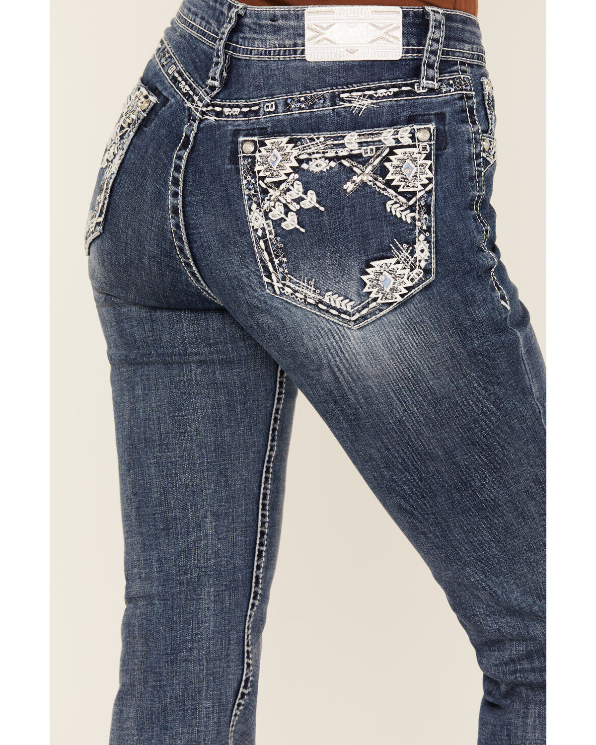 Grace In LA Women's Medium Wash Geo Print Embroidered Mid Rise Bootcut Stretch Denim Jeans