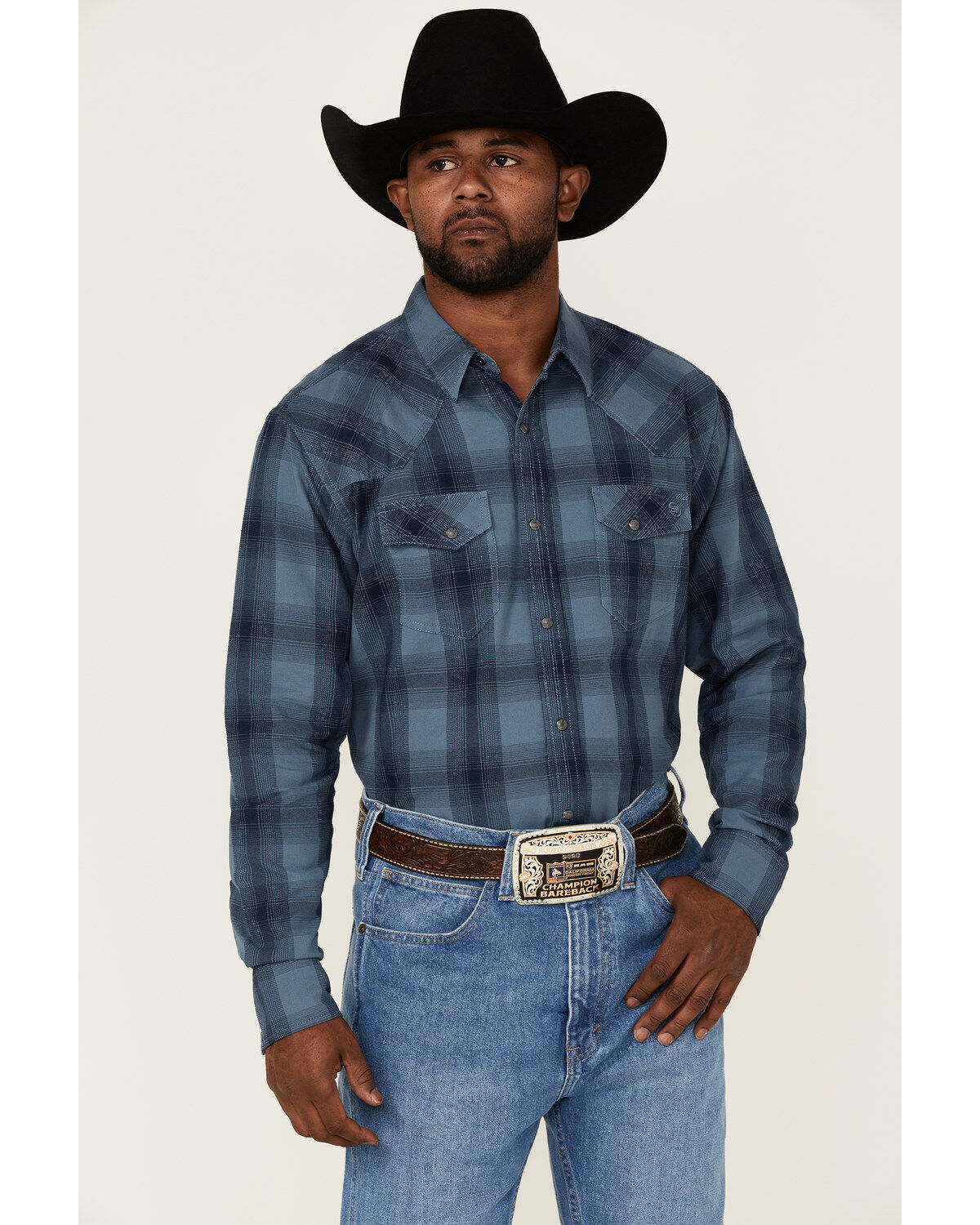 Blue Ranchwear Men's Large Plaid Long Sleeve Snap Western Shirt