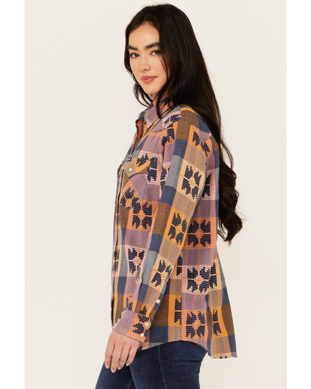 Wrangler Retro Women's Western Vintage Plaid Print Boyfriend Long Sleeve Snap Western Shirt