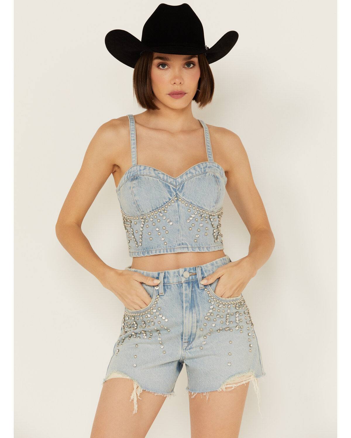 Blank NYC Women's Light Wash Starstruck Embellished Denim Crop Top