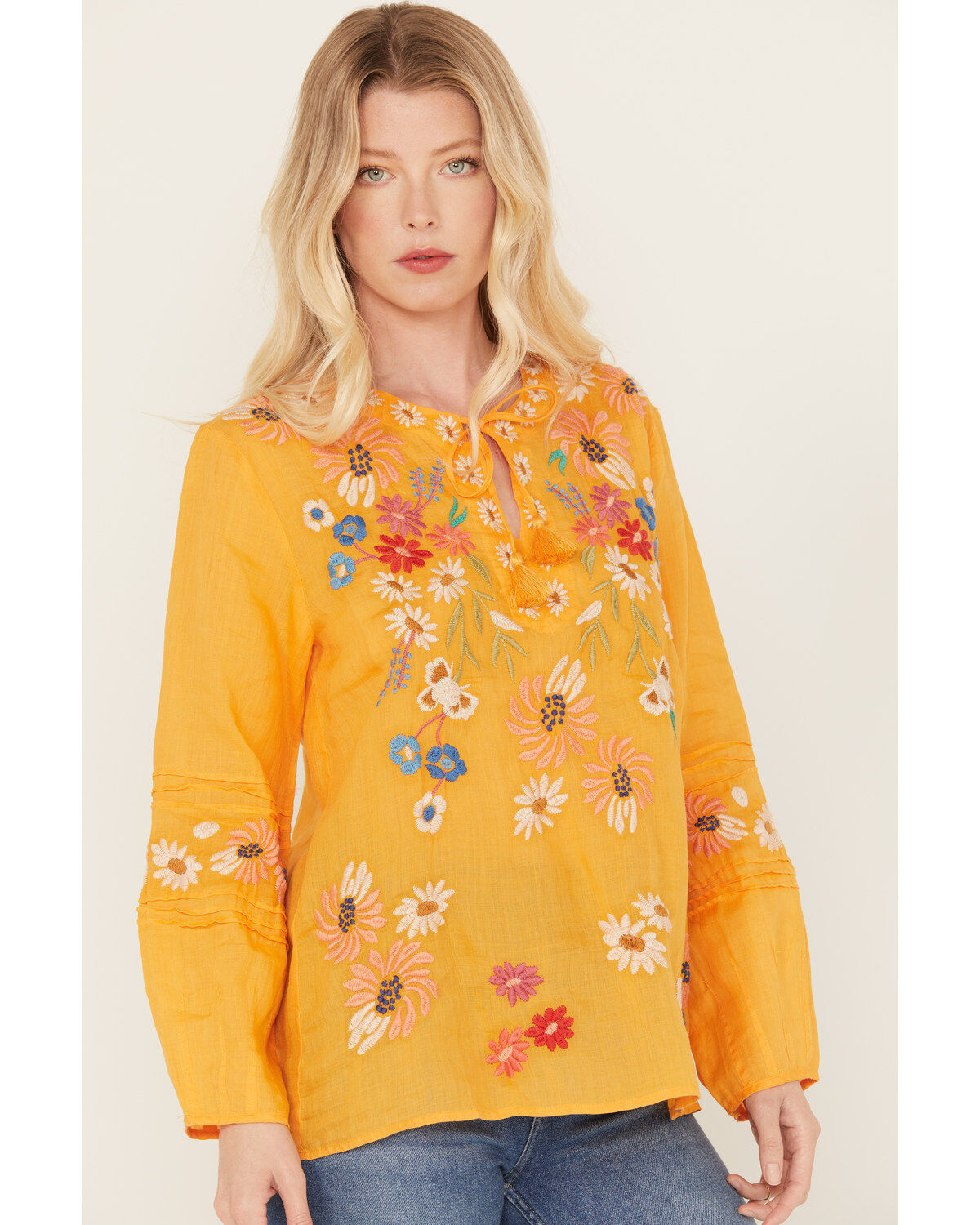 Johnny Was Women's Marissa Floral Embroidered Long Sleeve Pintuck Blouse