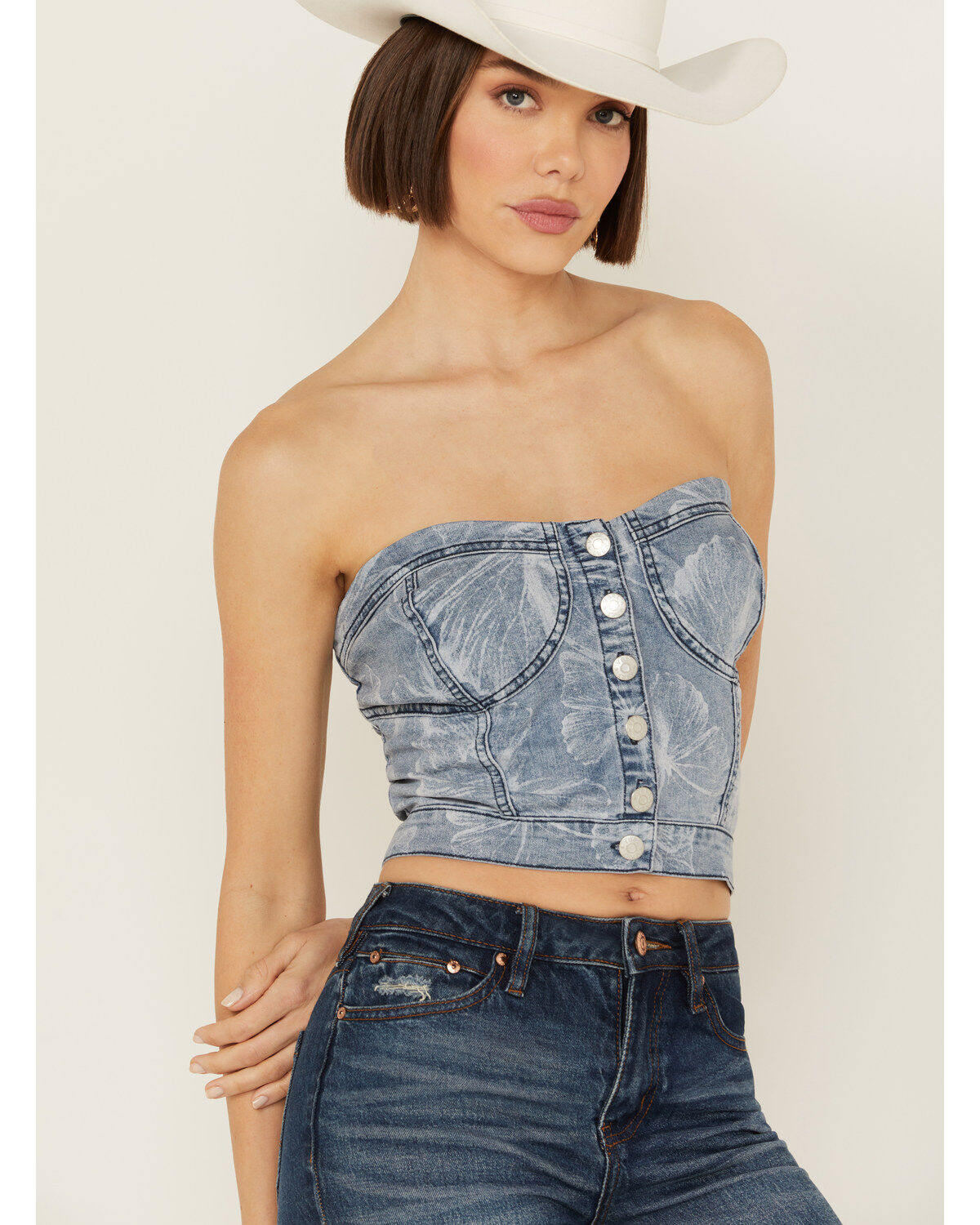 Vibrant Denim Women's Medium Wash Button Up Floral Corset