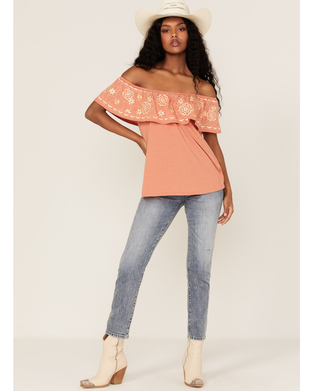 Panhandle Women's Embroidered Flounce Off Shoulder Top