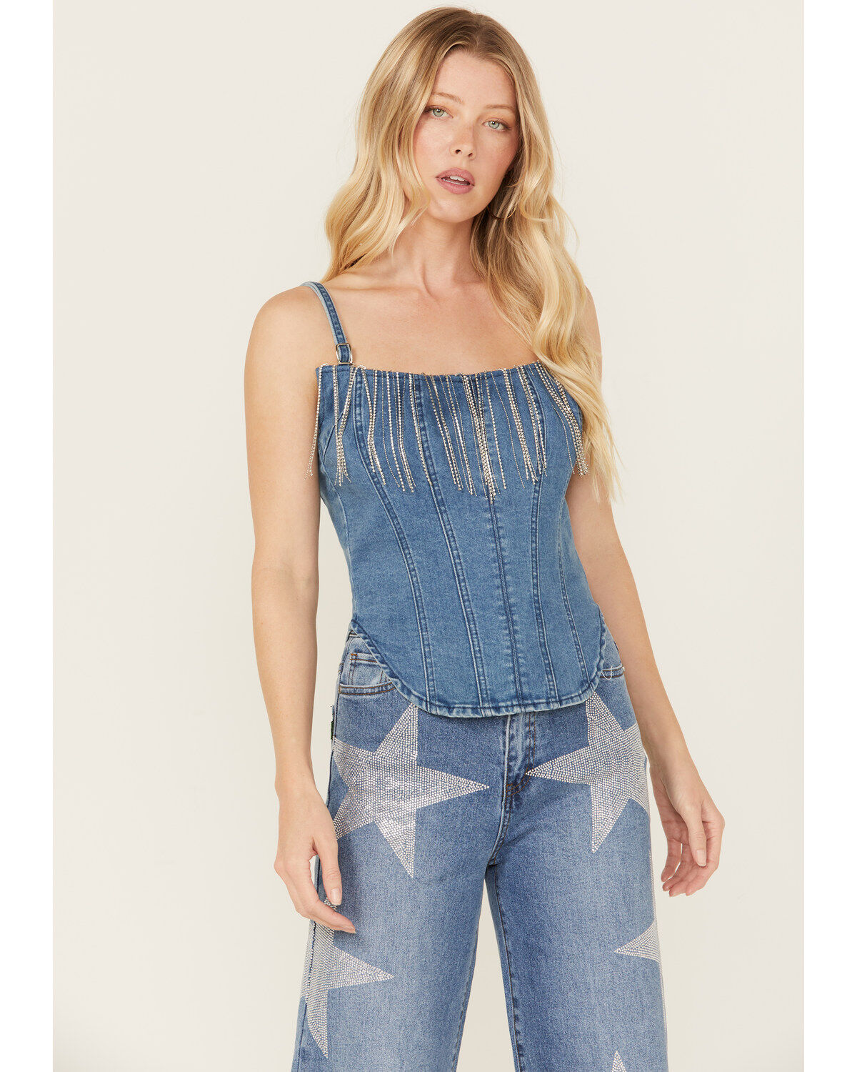 Rock & Roll Denim Women's Medium Wash Metal Fringe Denim Corset