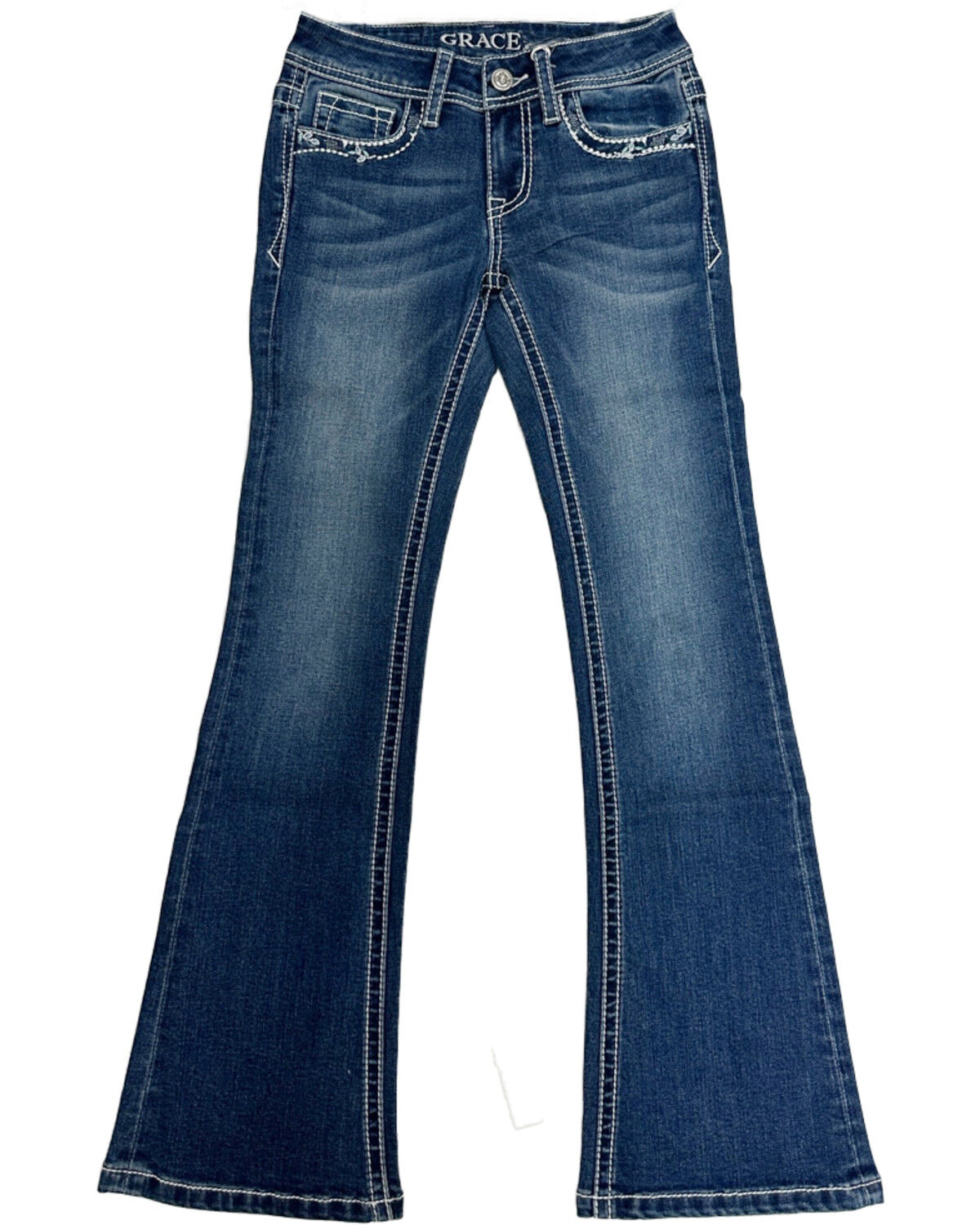 Grace in LA Girls' Dark Wash Floral Horseshoe Pocket Bootcut Stretch Denim Jeans