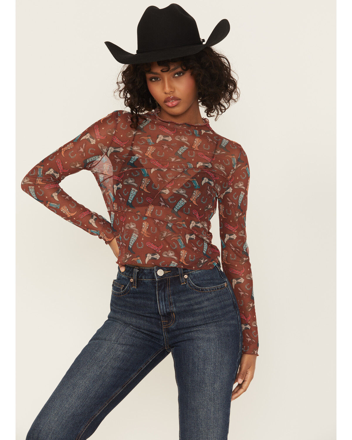 Rock & Roll Denim Women's Cowboy Boot Mesh Long Sleeve Shirt