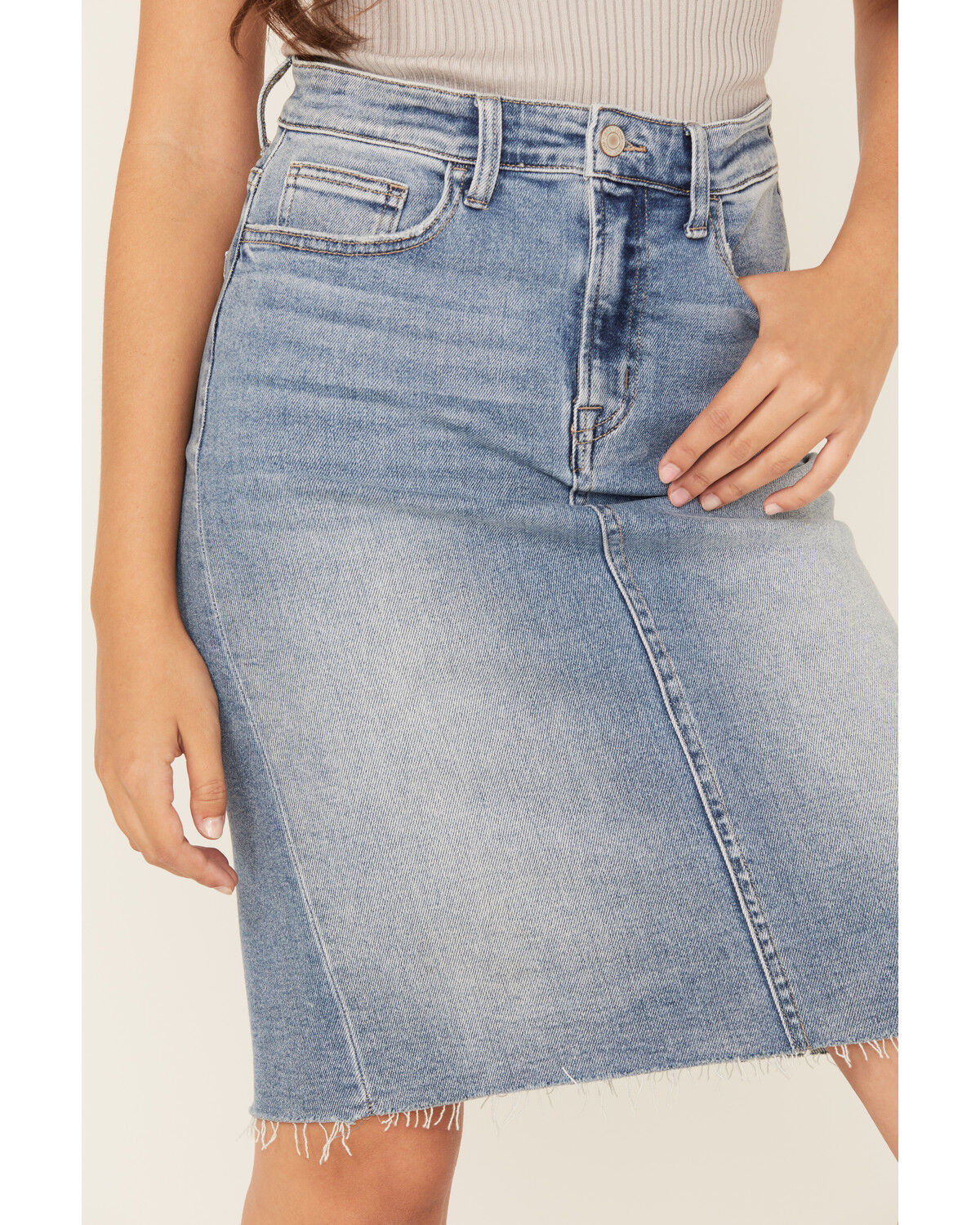 Flying Monkey Women's Raw Hem Medium Wash Denim Midi Skirt