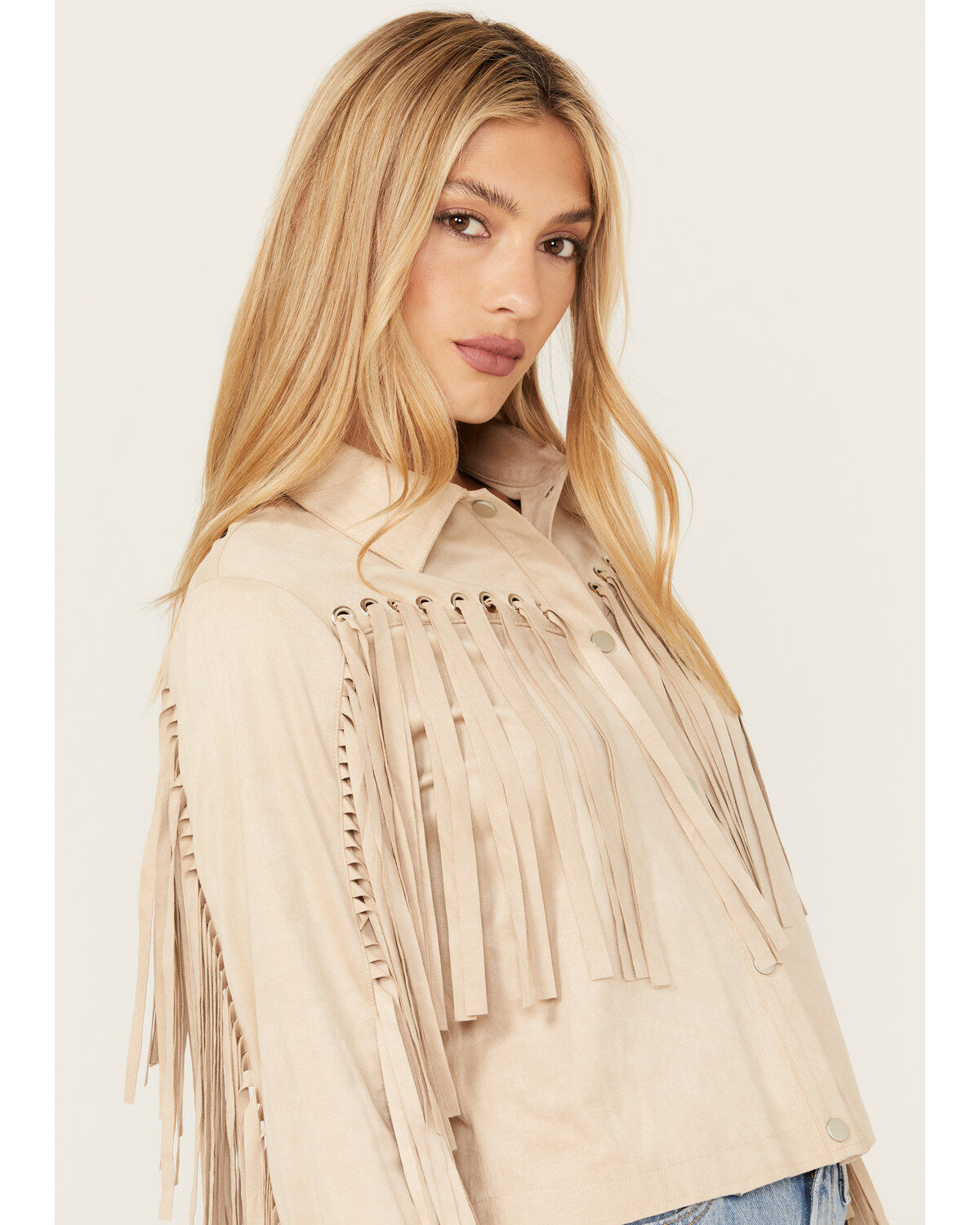 Blue B Women's Grommet Faux Suede Fringe Jacket