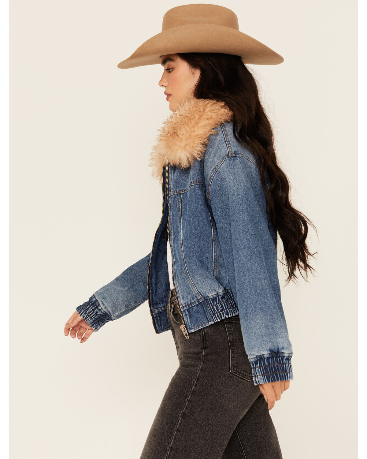 BLANKNYC Women's Fur Collar Denim Bomber Jacket