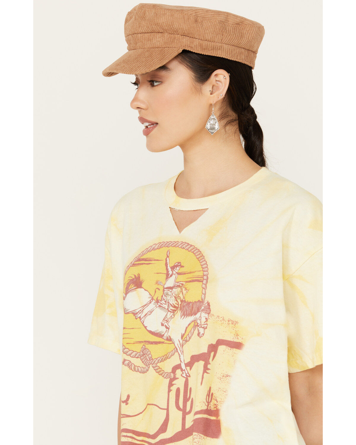 Gina Tees Women's Tie Dye Cut Out Desert Cowboy Graphic Tee