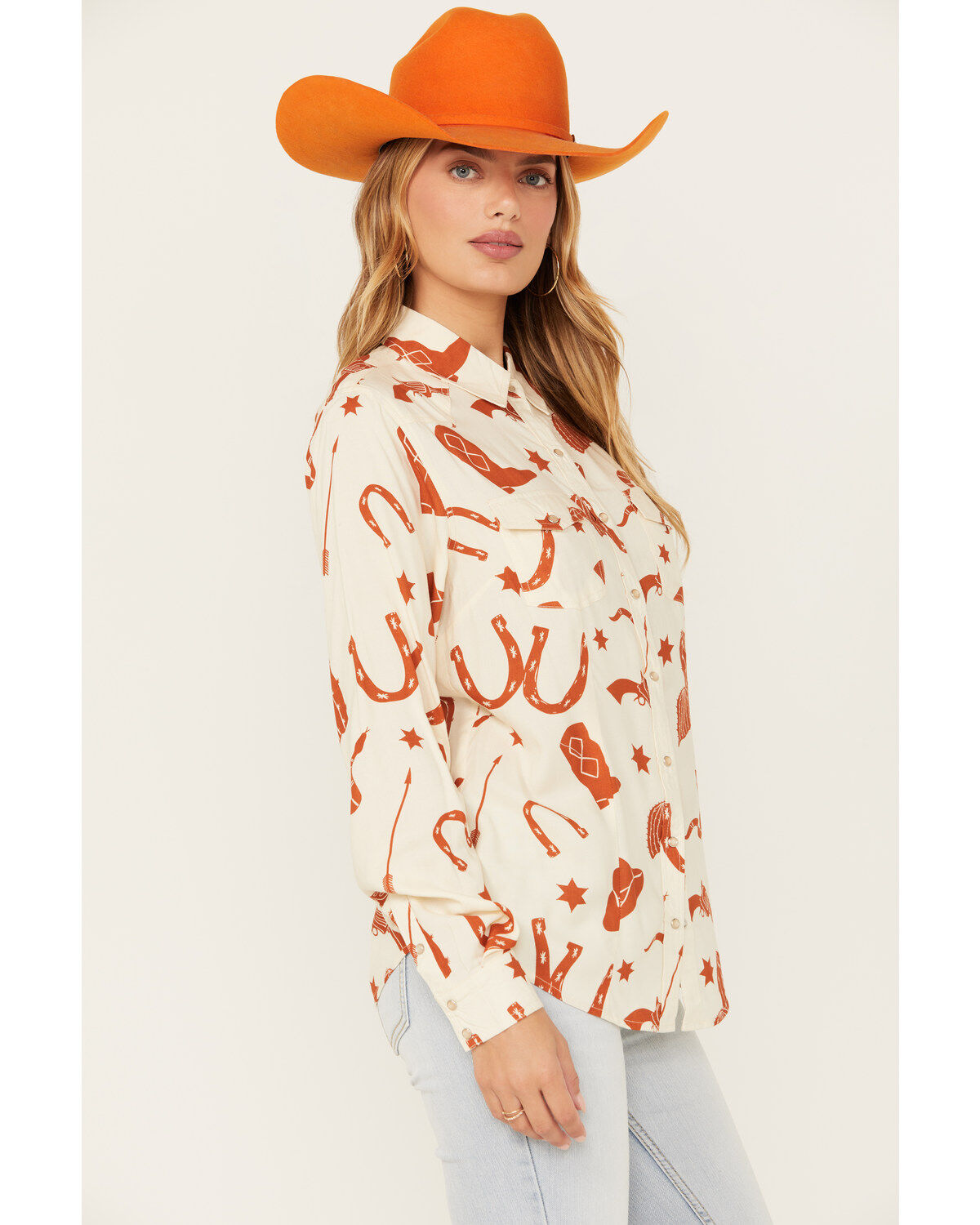 Cotton & Rye Women's Snake and Boot Conversation Print Long Sleeve Pearl Snap Western Shirt
