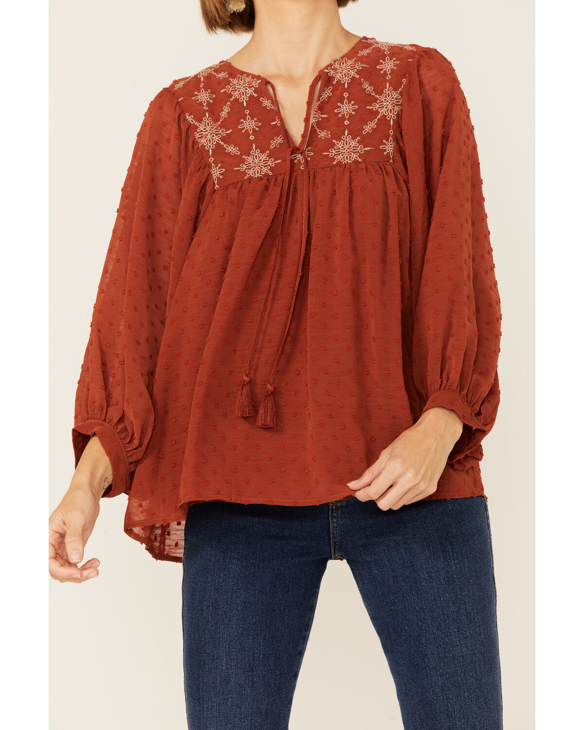Flying Tomato Women's Embroidered Long Sleeve Peasant Top