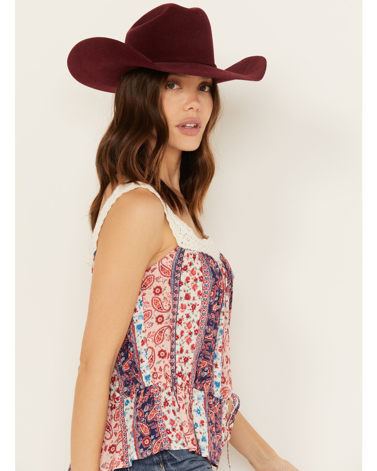 Wild Moss Women's Print Peplum Crochet Trim Top