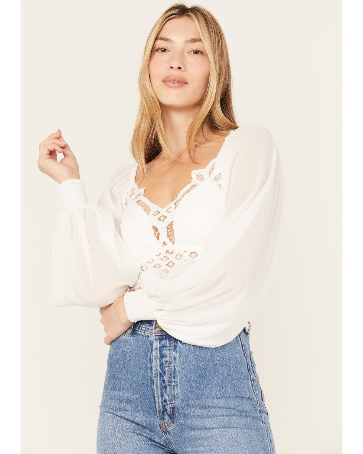 Flying Tomato Women's Crochet Front Long Sleeve Top