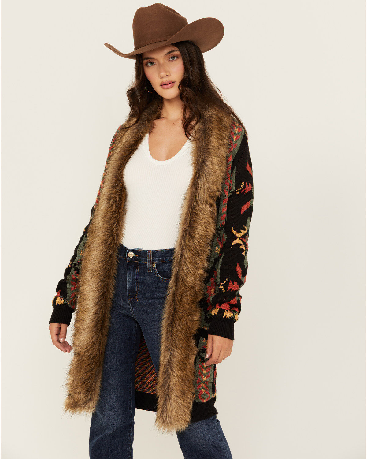 Panhandle Women's Southwestern Print Fur Trim Cardigan