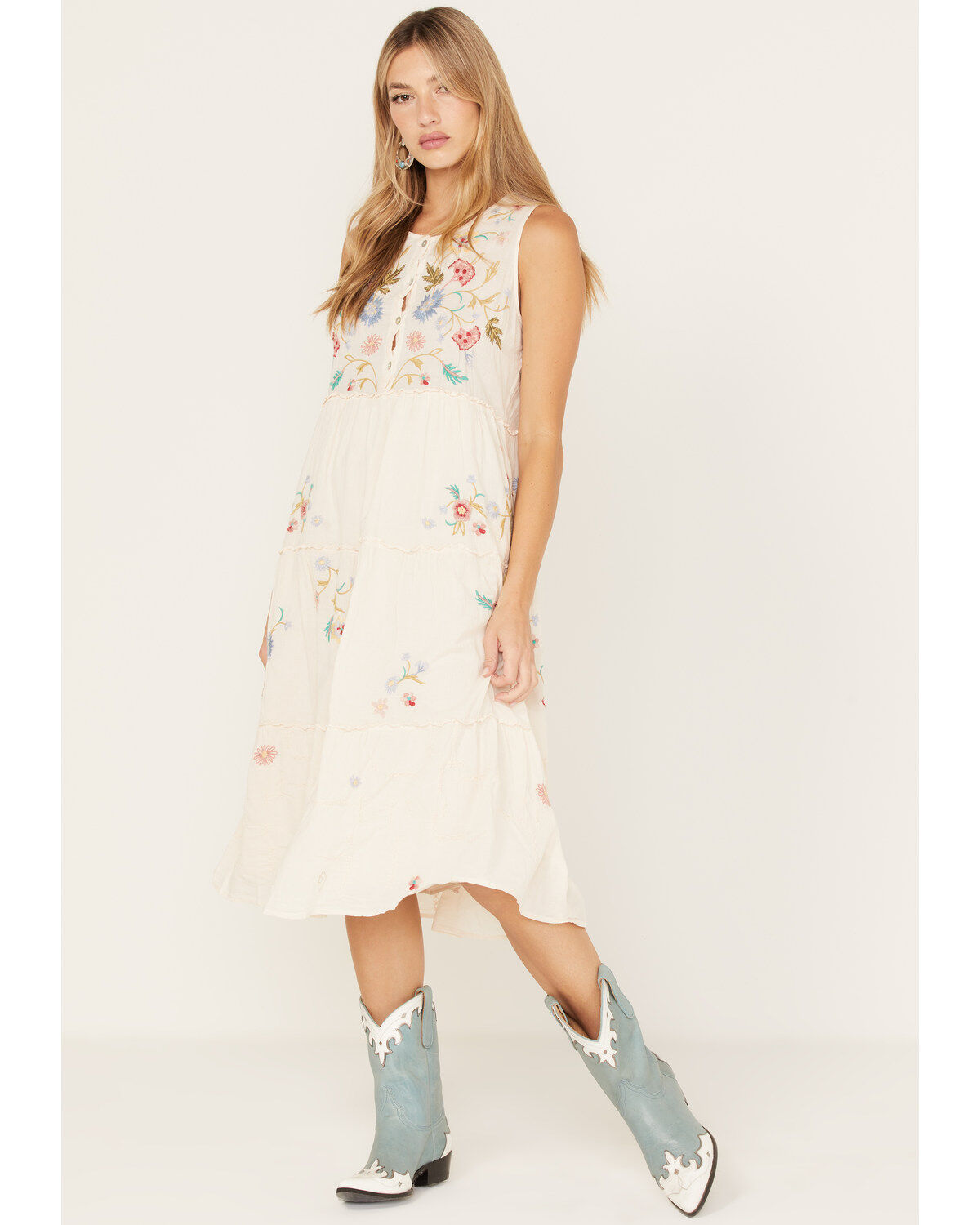 Johnny Was Women's Zanzibar Tiered Embroidered Midi Dress