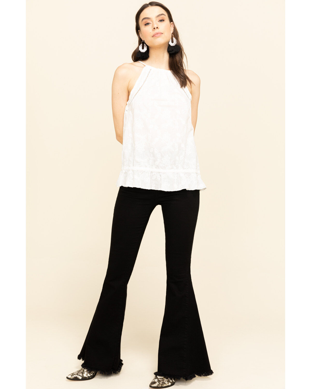 Rock & Roll Denim Women's Ivory Floral Embroidered Halter Top