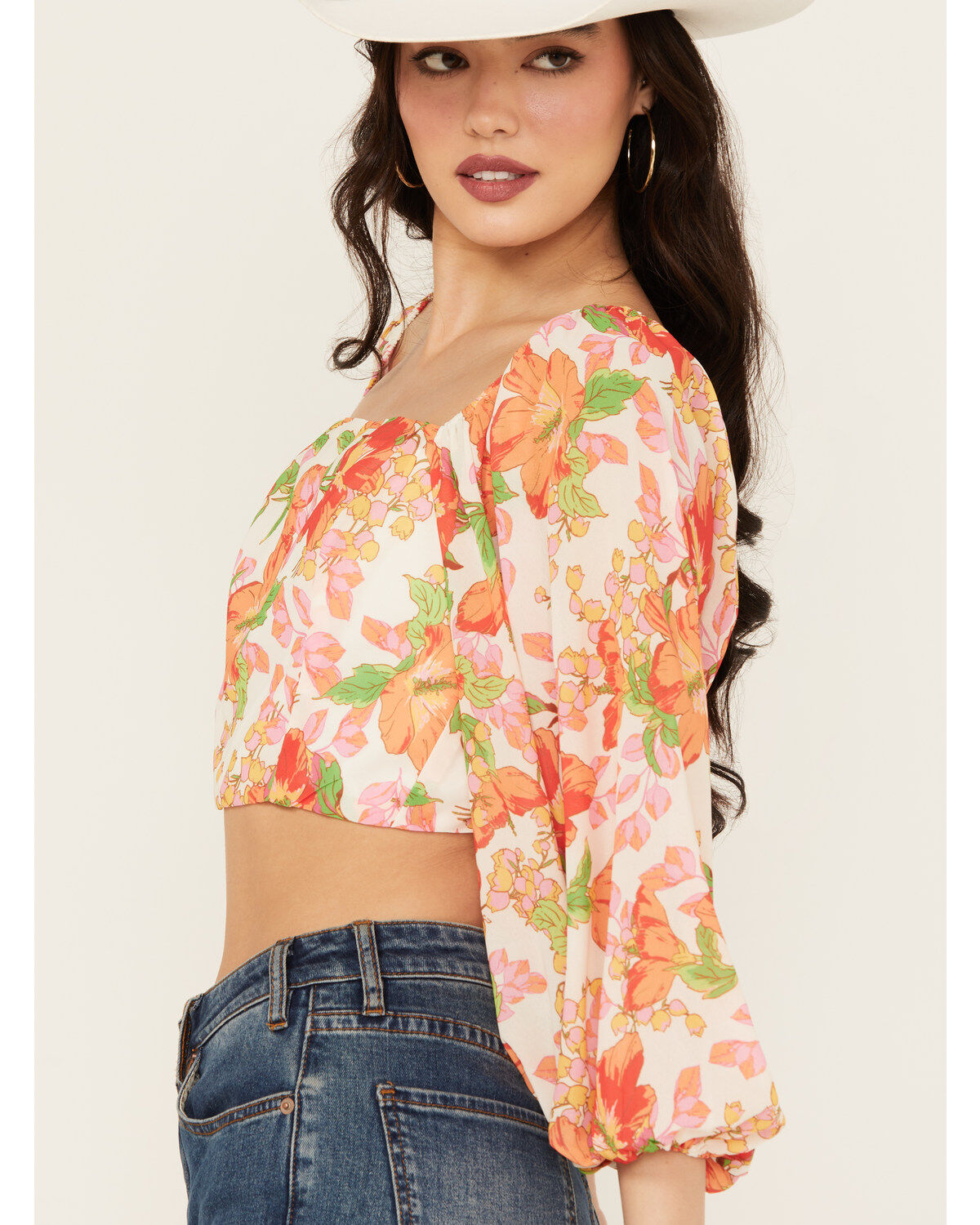 Flying Tomato Women's Floral Long Sleeve Crop Top