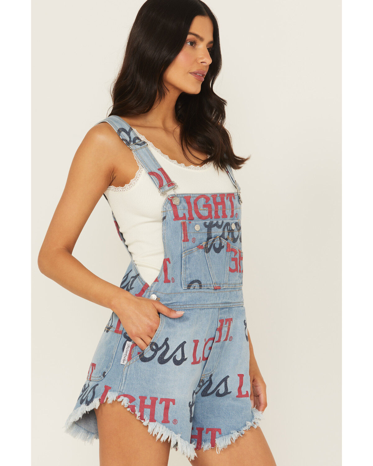 The Laundry Room Women's Medium Wash Coors Light Logo Print Denim Shortalls