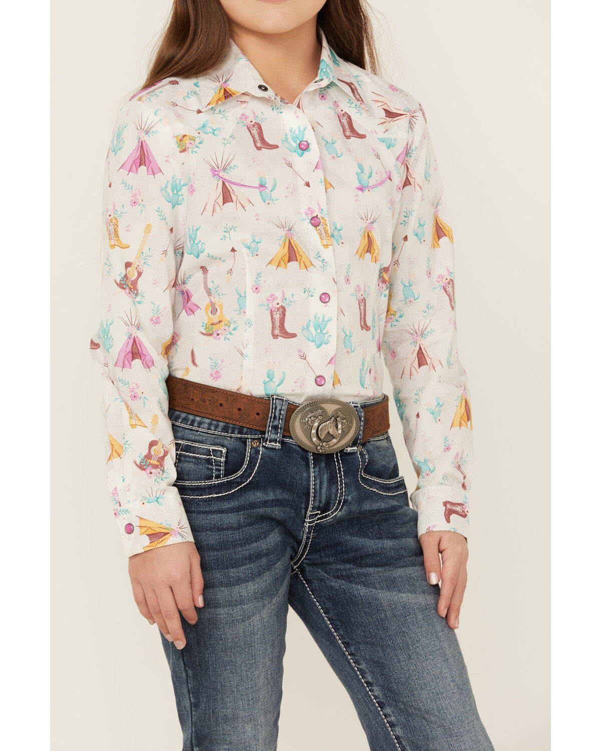 Cruel Girl Girls' Conversation Print Long Sleeve Pearl Snap Western Shirt