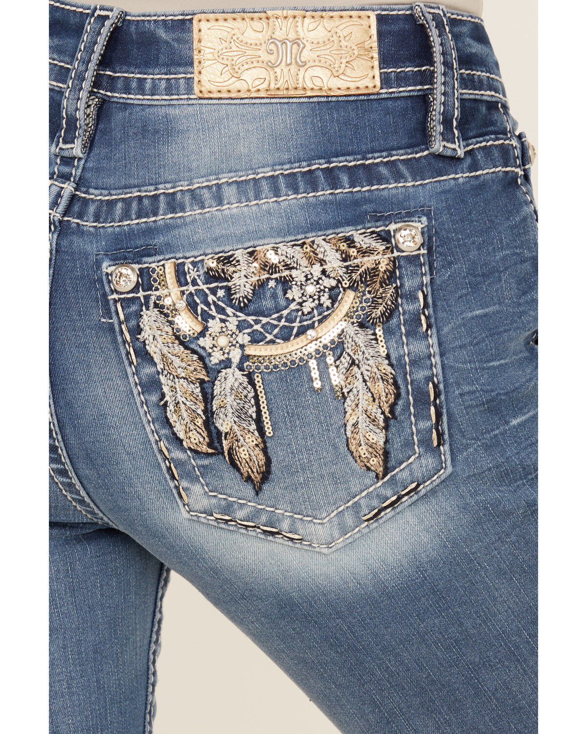 Miss Me Women's Dark Wash Mid Rise Dream Catcher Pocket Bootcut Stretch Denim Jeans