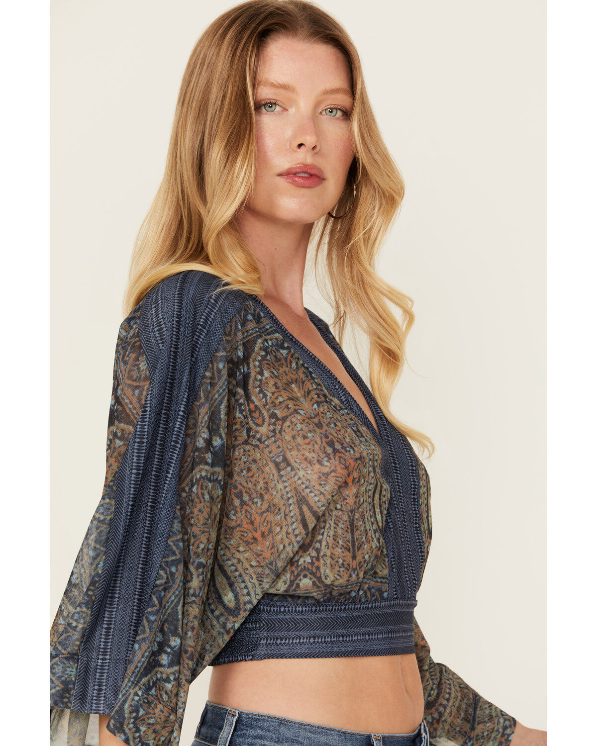 Beyond The Radar Women's Paisley Print Mesh Long Sleeve Top