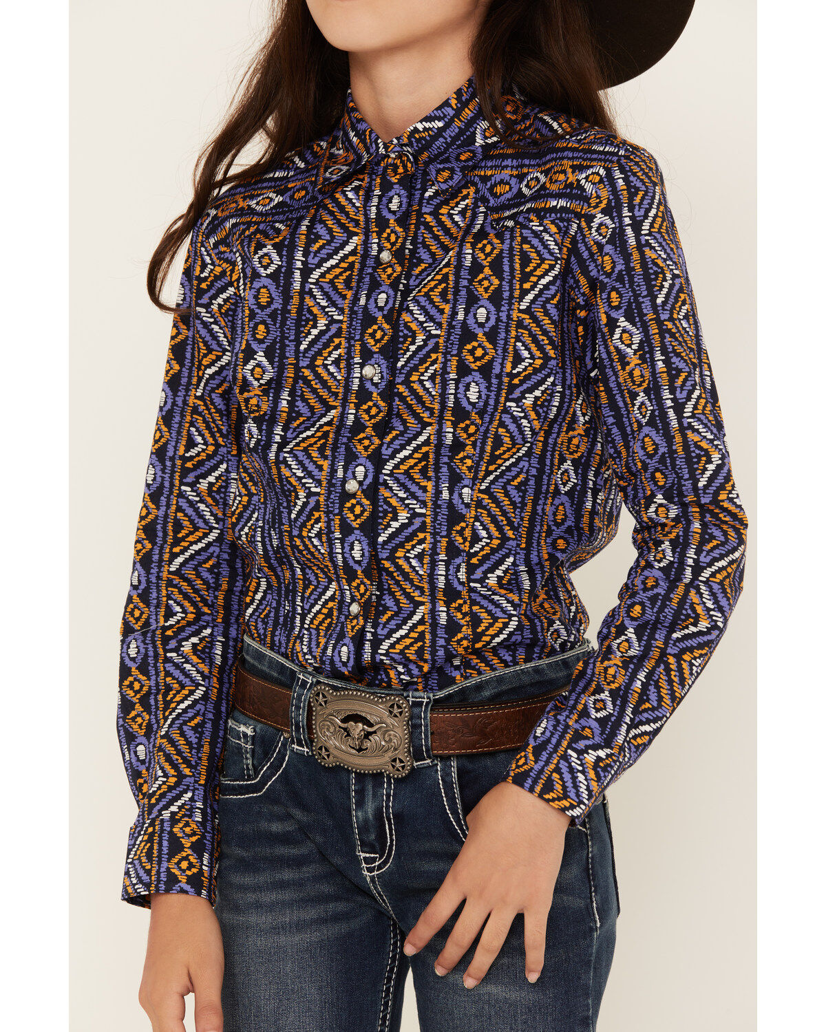 Cruel Girl Girls' Southwestern Stripe Print Long Sleeve Snap Western Shirt