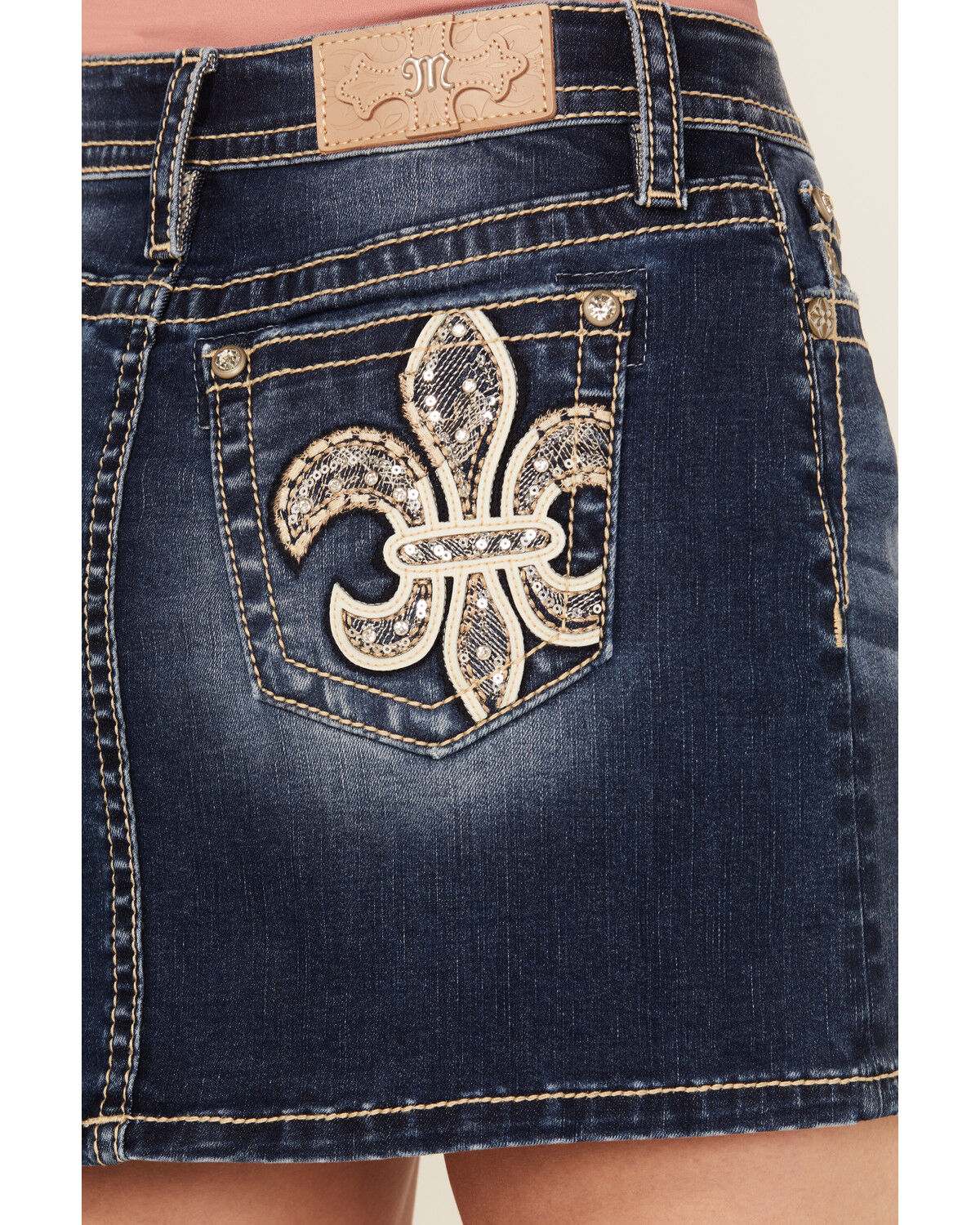 Miss Me Women's Dark Wash Embroidered Pocket Stretch Denim Mini Skirt