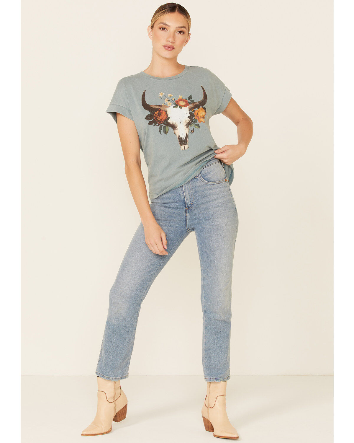 White Crow Women's Teal Floral Longhorn Skull Graphic Short Sleeve Tee