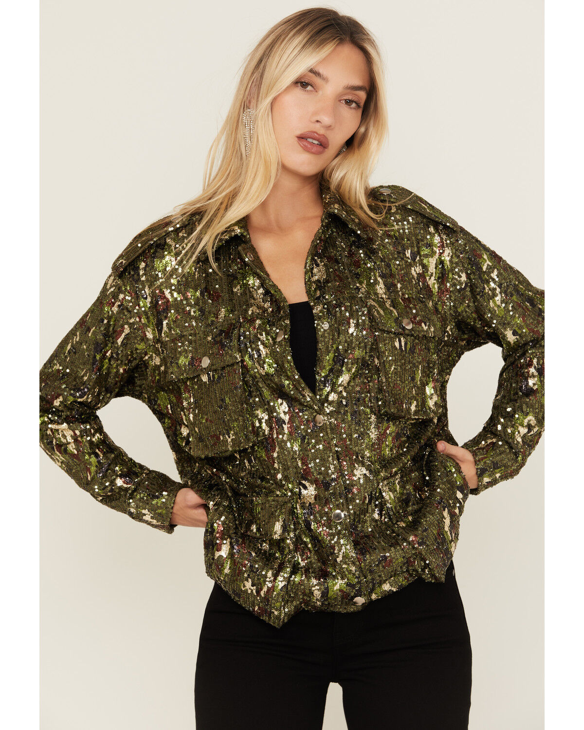 Miss Me Women's Camo Print Sequins Utility Jacket