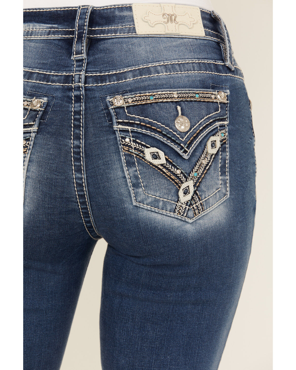 Miss Me Women's Dark Wash Mid Rise Faux Flap Pocket Bootcut Stretch Denim Jeans