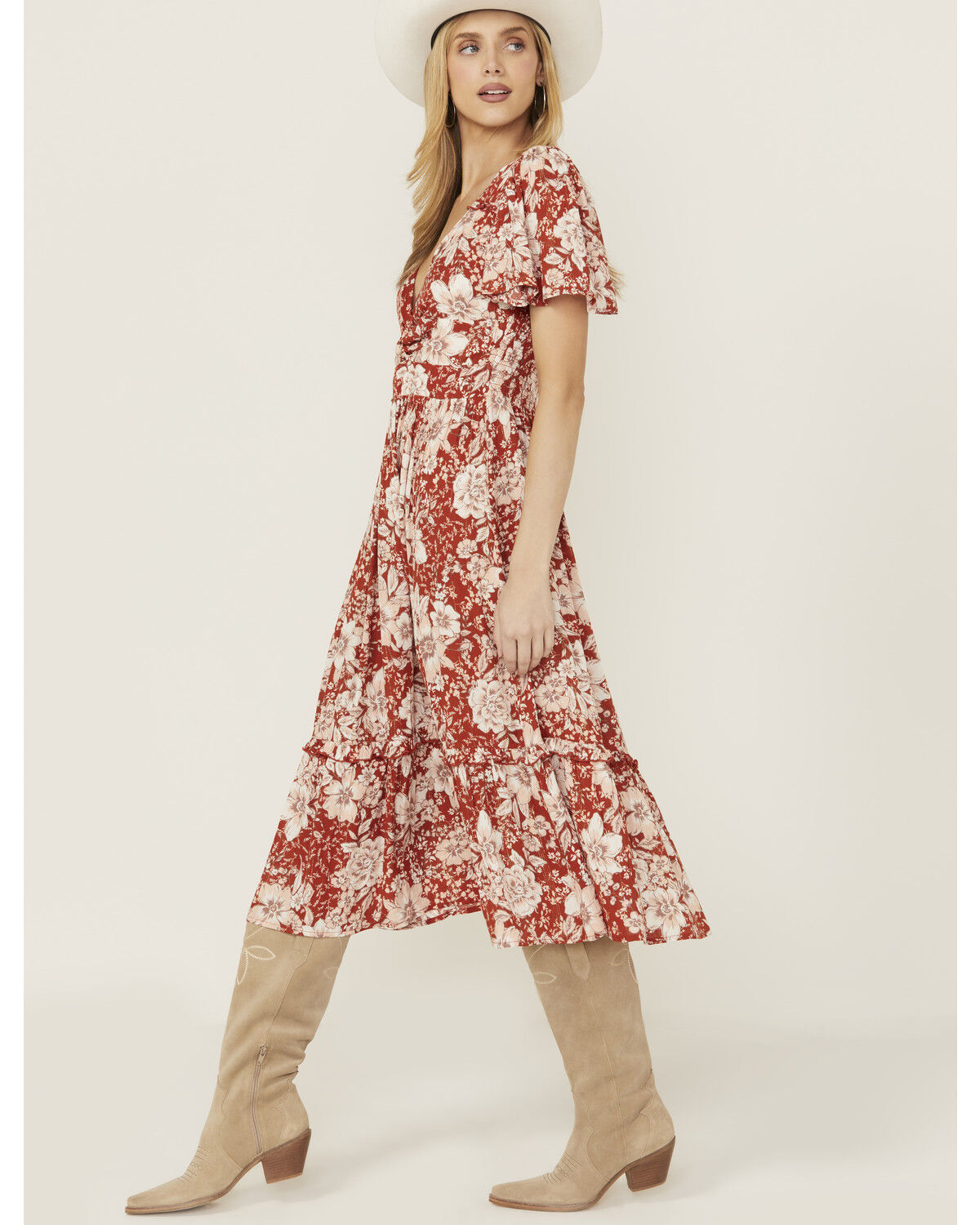 Wild Moss Women's Floral Print Short Sleeve Midi Dress