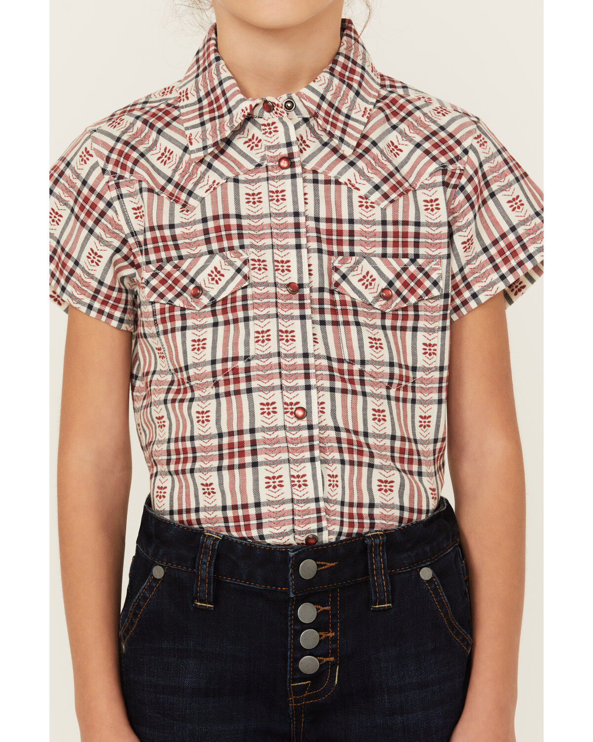 Shyanne Girls' Dobby Teton Plaid Print Short Sleeve Pearl Snap Western Shirt