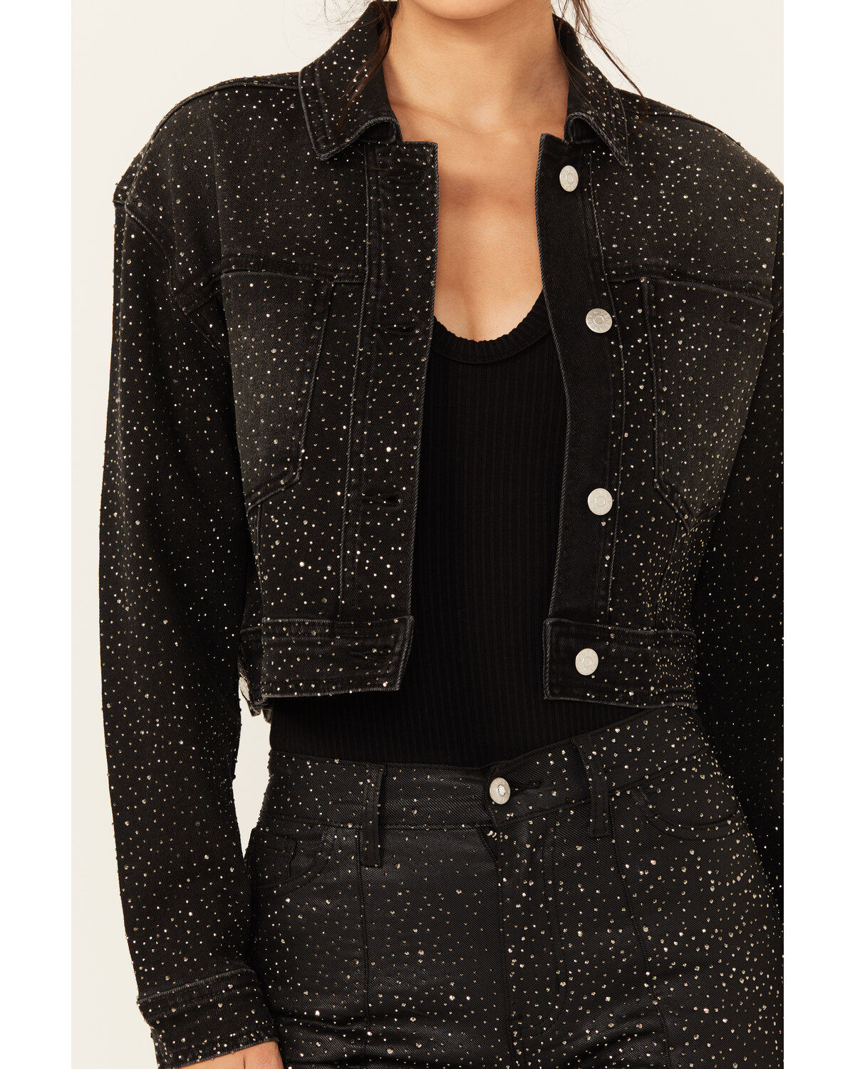 Vibrant Denim Women's Rhinestone Cropped Denim Trucker Jacket