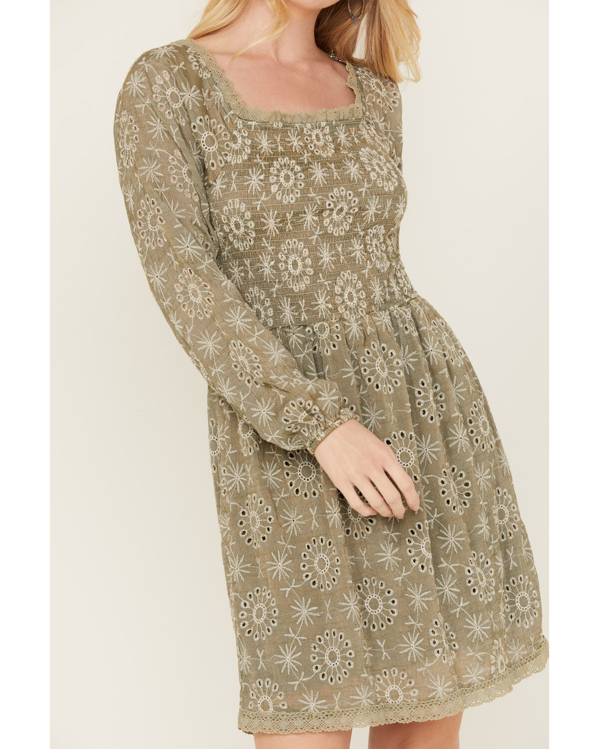 Wild Moss Women's Mineral Wash Smocked Long Sleeve Mini Dress