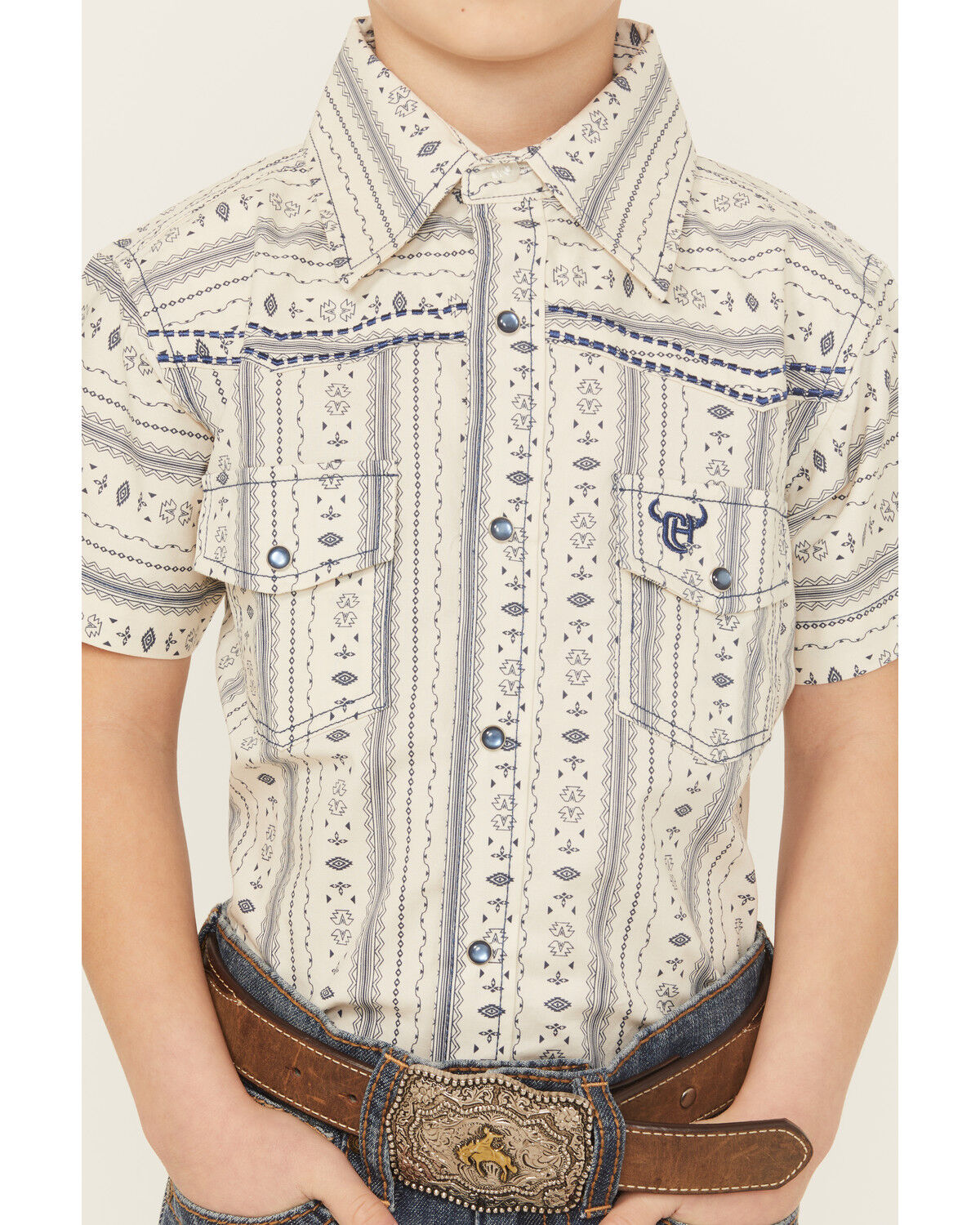 Cowboy Hardware Boys' Stripe Southwestern Print Short Sleeve Snap Stretch Western Shirt