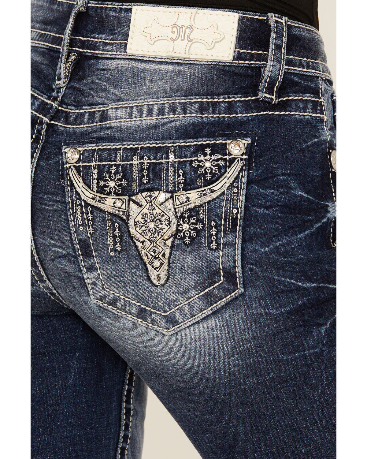 Miss Me Women's Dark Wash Mid Rise Steer Head Pocket Bootcut Stretch Denim Jeans