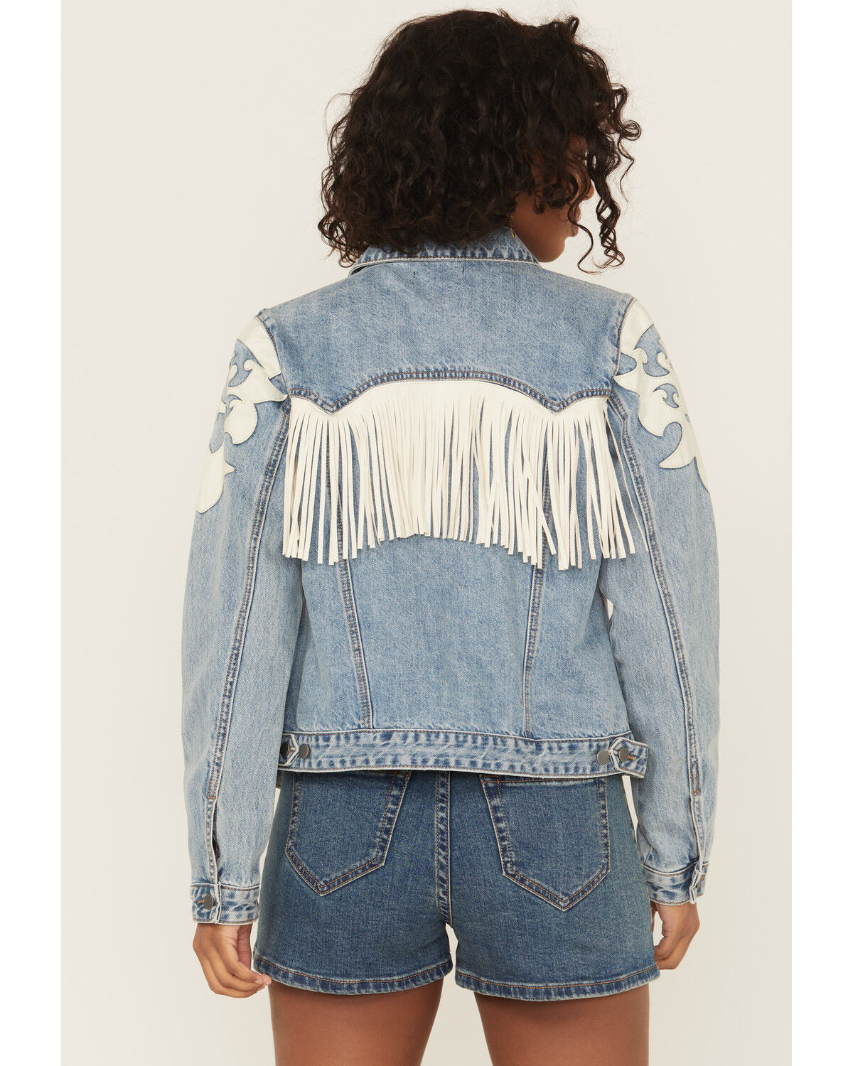 Rock & Roll Denim Women's Light Wash Pleather Fringe Denim Jacket